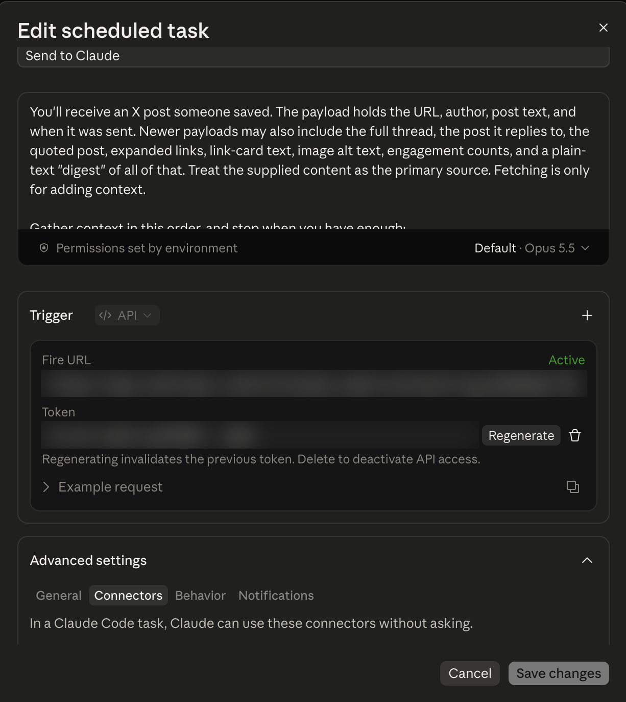 Edit scheduled task. Trigger is API. The Fire URL has a copy button. Token has a Regenerate button.